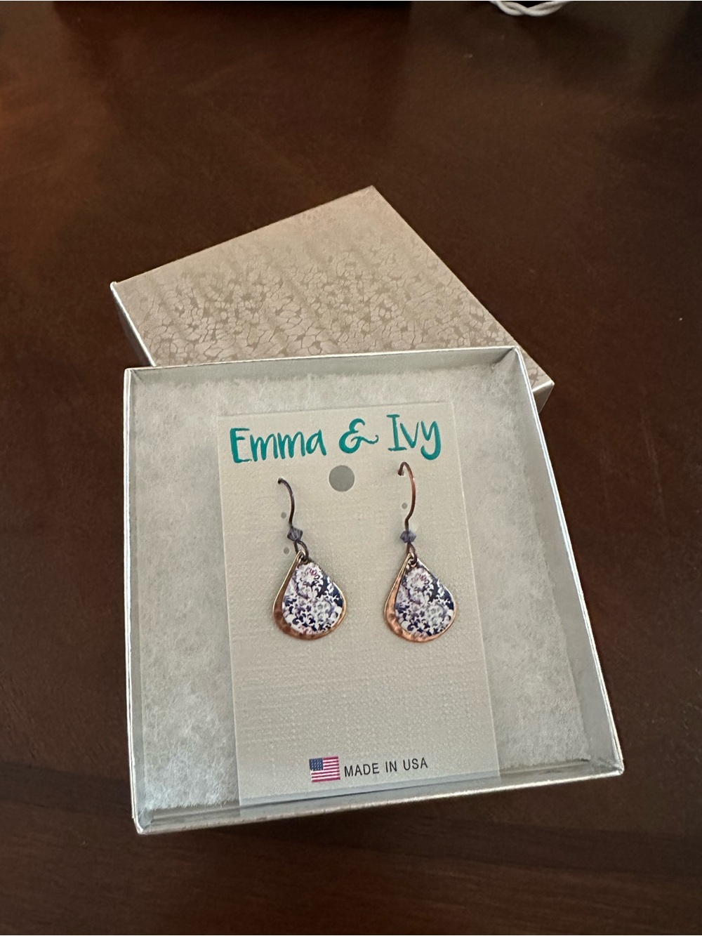 Blue Floral Teardrop Earrings with Rose Gold Trim